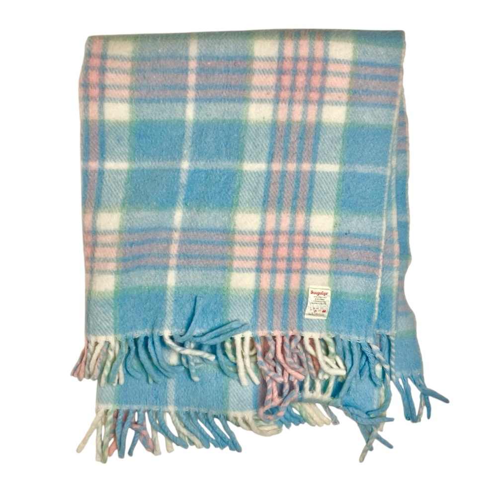 Vintage Blanket Made in Italy Snugabye Pastel Plaid Tassel Blue Acrylic